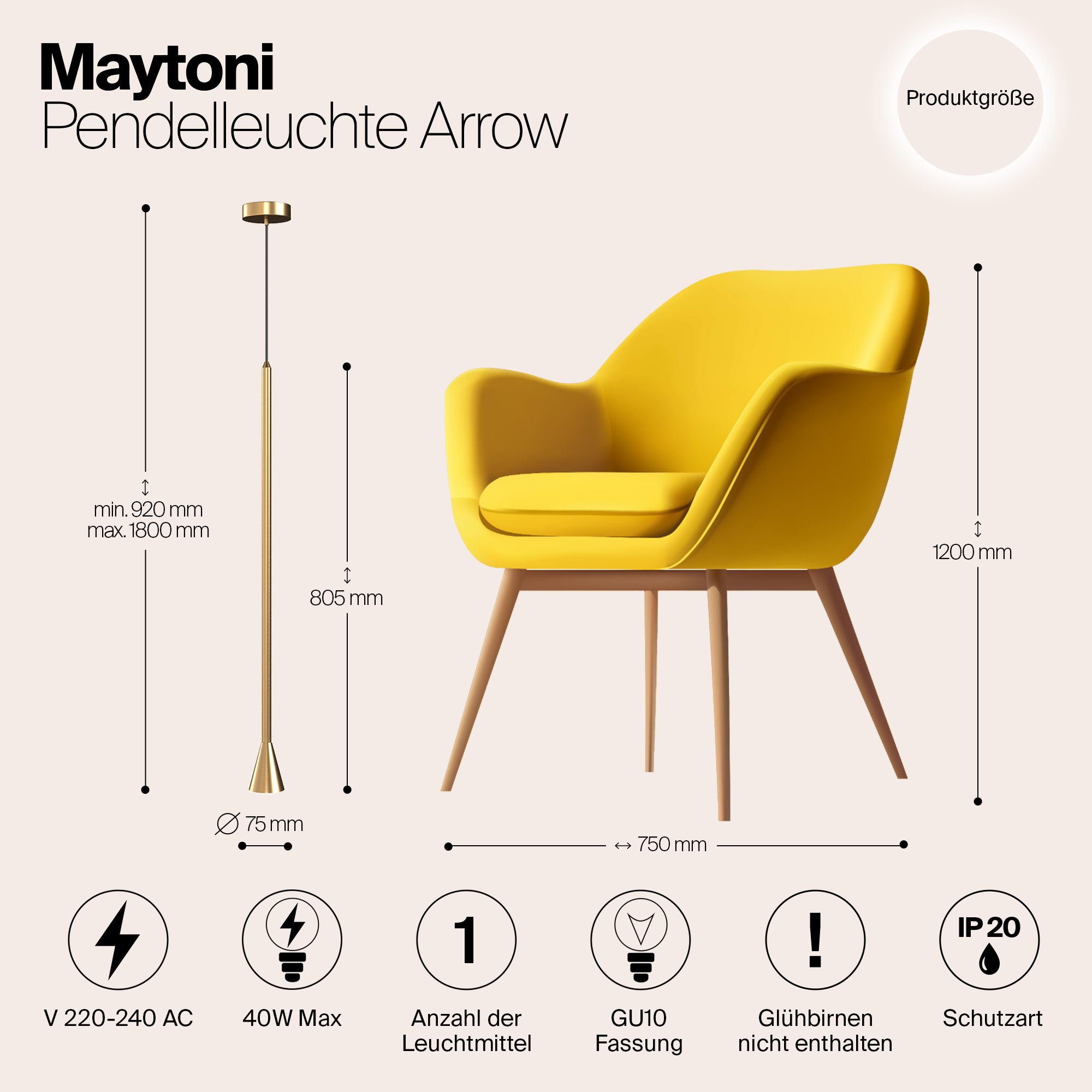 картинка Подвесной светильник Maytoni Arrow P064PL-01G от магазина pro-decor.kz