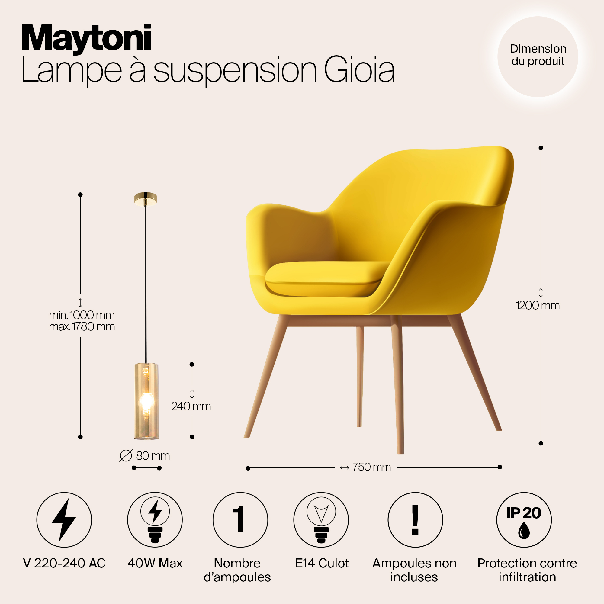 картинка Подвесной светильник Maytoni Gioia P011PL-01G от магазина pro-decor.kz