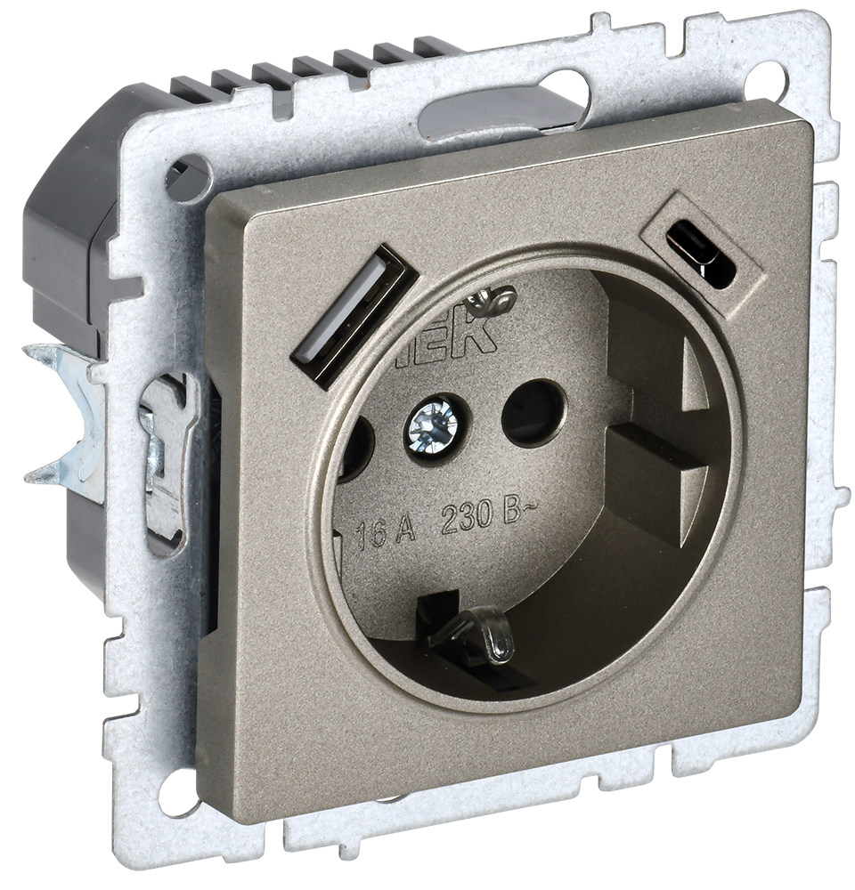 картинка BRITE Роз. с з/к/ш 16А с USB A+C 18Вт РЮш11-1-БрШ шамп. IEK магазин pro-decor.kz являющийся официальным дистрибьютором в Казахстане картинка BRITE Роз. с з/к/ш 16А с USB A+C 18Вт РЮш11-1-БрШ шамп. IEK от магазина pro-decor.kz