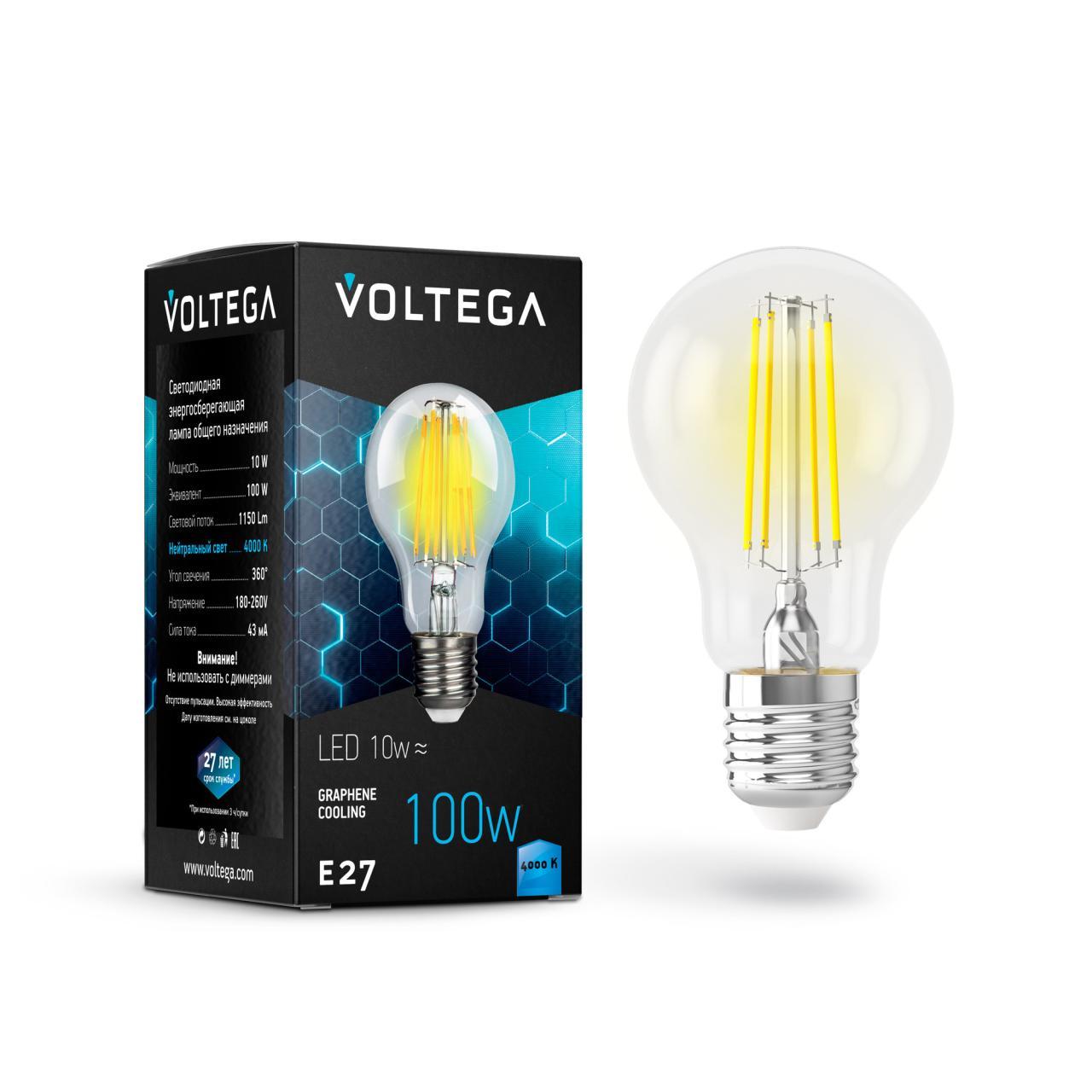 картинка Лампа светодиодная филаментная Voltega E27 10W 4000К прозрачная VG10-А1E27cold10W-F 7101 от магазина pro-decor.kz