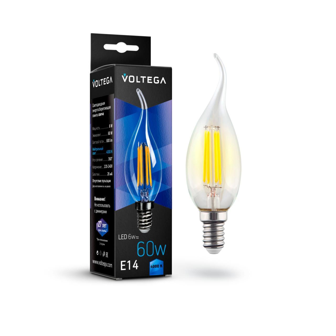 картинка Лампа светодиодная филаментная Voltega E14 6W 4000К прозрачная VG10-CW1E14cold6W-F 7018 от магазина pro-decor.kz