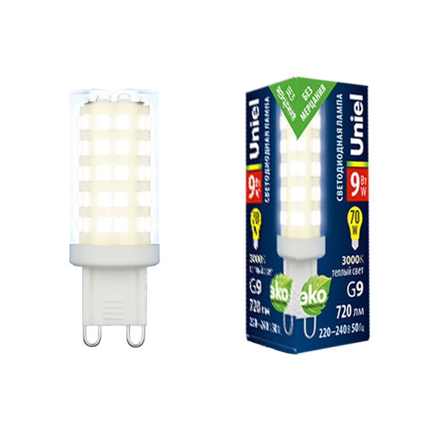 картинка Лампочка светодиодная Uniel LED-JCD-9W/3000K/G9/CL GLZ09TR 126935 магазин pro-decor.kz являющийся официальным дистрибьютором в Казахстане картинка Лампочка светодиодная Uniel LED-JCD-9W/3000K/G9/CL GLZ09TR 126935 от магазина pro-decor.kz