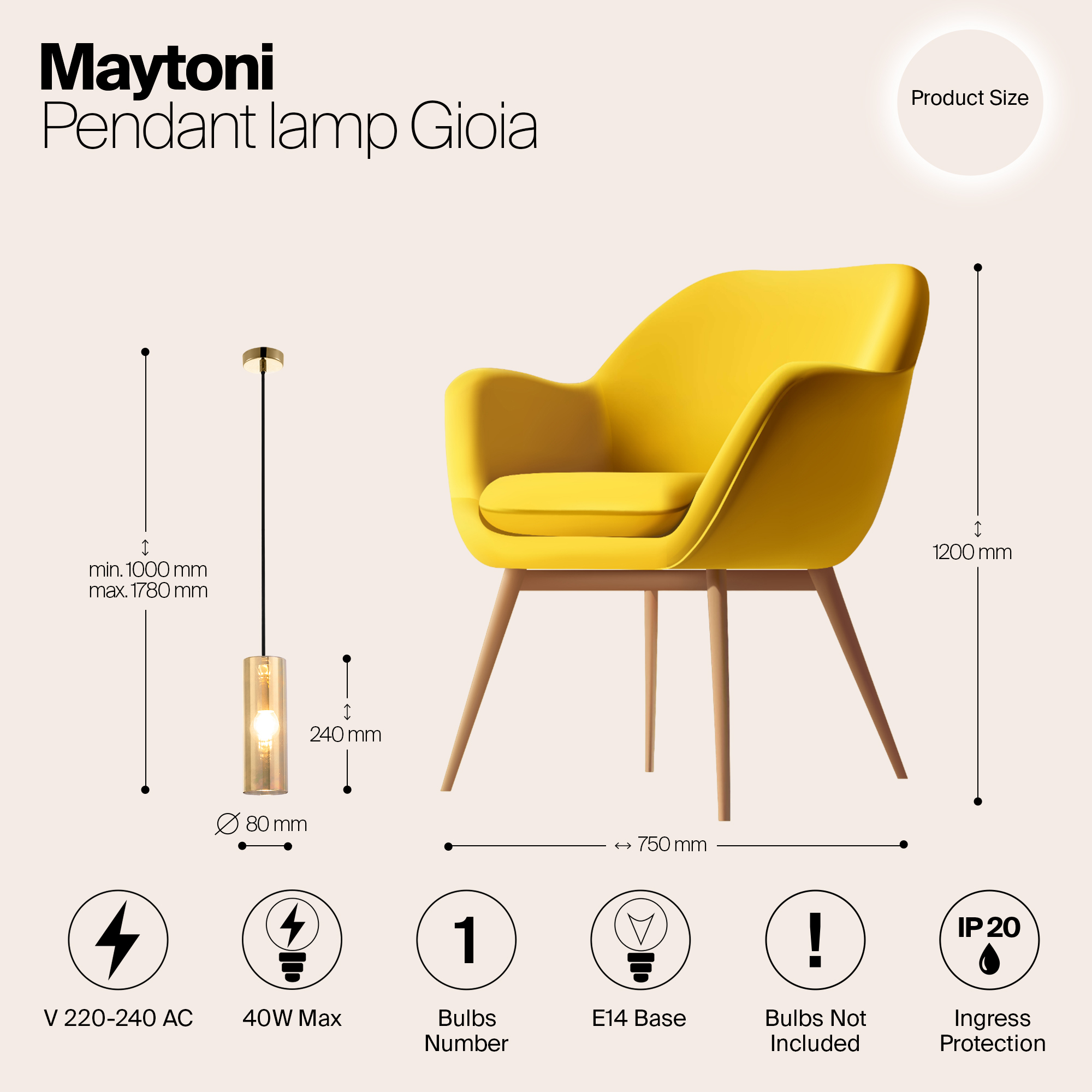 картинка Подвесной светильник Maytoni Gioia P011PL-01G от магазина pro-decor.kz