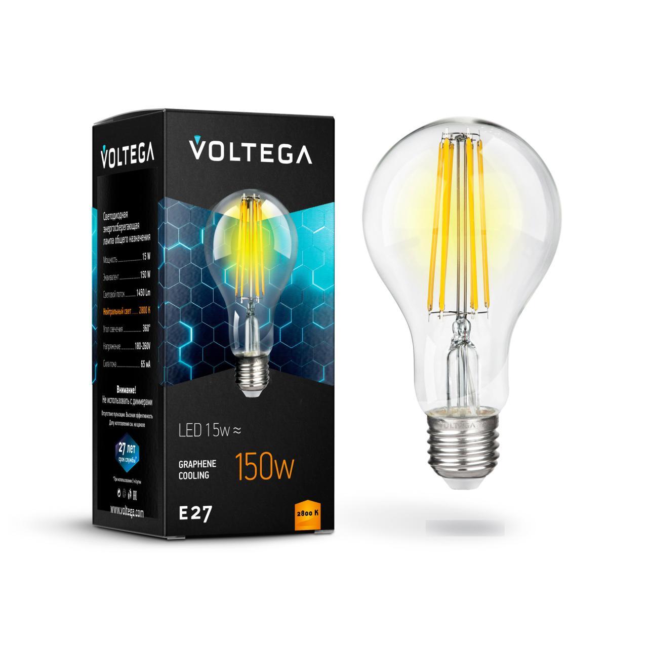 картинка Лампа светодиодная филаментная Voltega E27 15W 2800К прозрачная VG10-A1E27warm15W-F 7104 от магазина pro-decor.kz