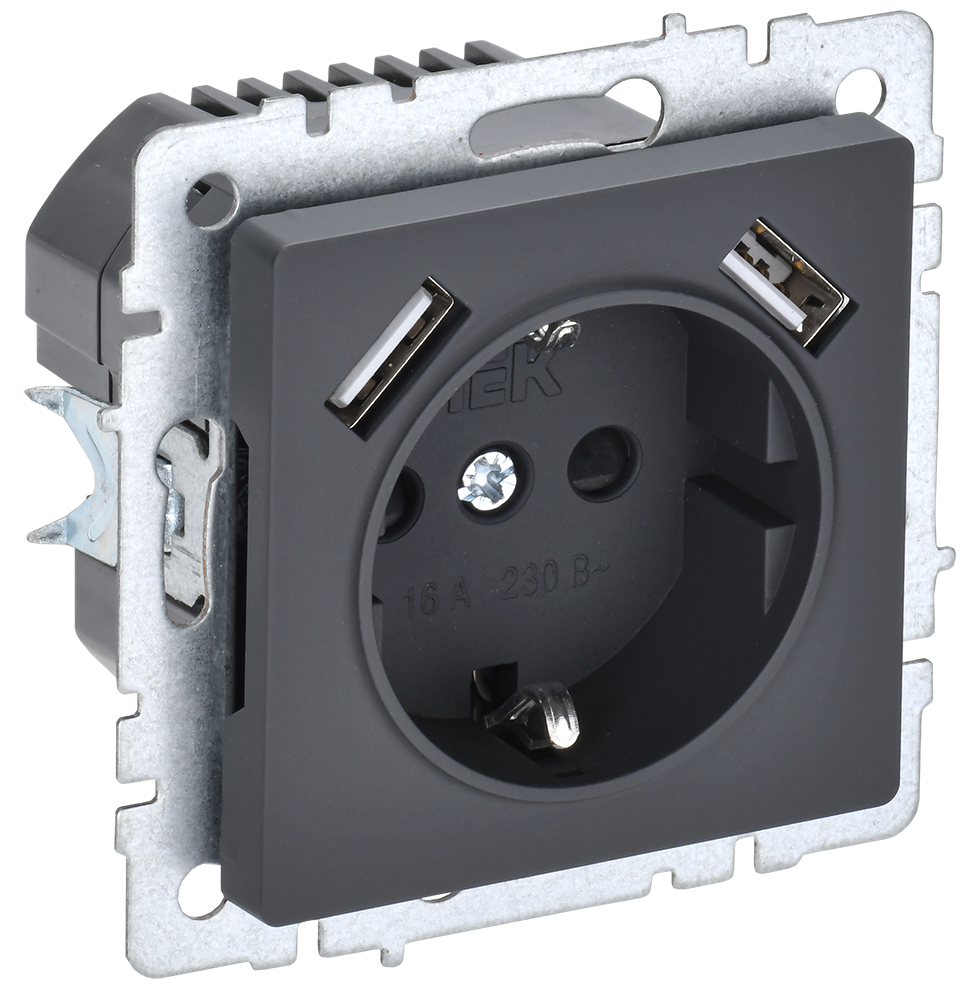 картинка BRITE Роз. с з/к/ш 16А с USB A+A 2,1А РЮш10-1-БрГ граф. IEK от магазина pro-decor.kz