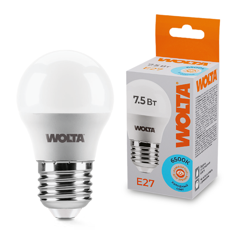 картинка Светодиодная лампа WOLTA 25W45GL7.5E27   Шар   G45 7.5Вт 625лм 6500К Е27 1/50 от магазина pro-decor.kz