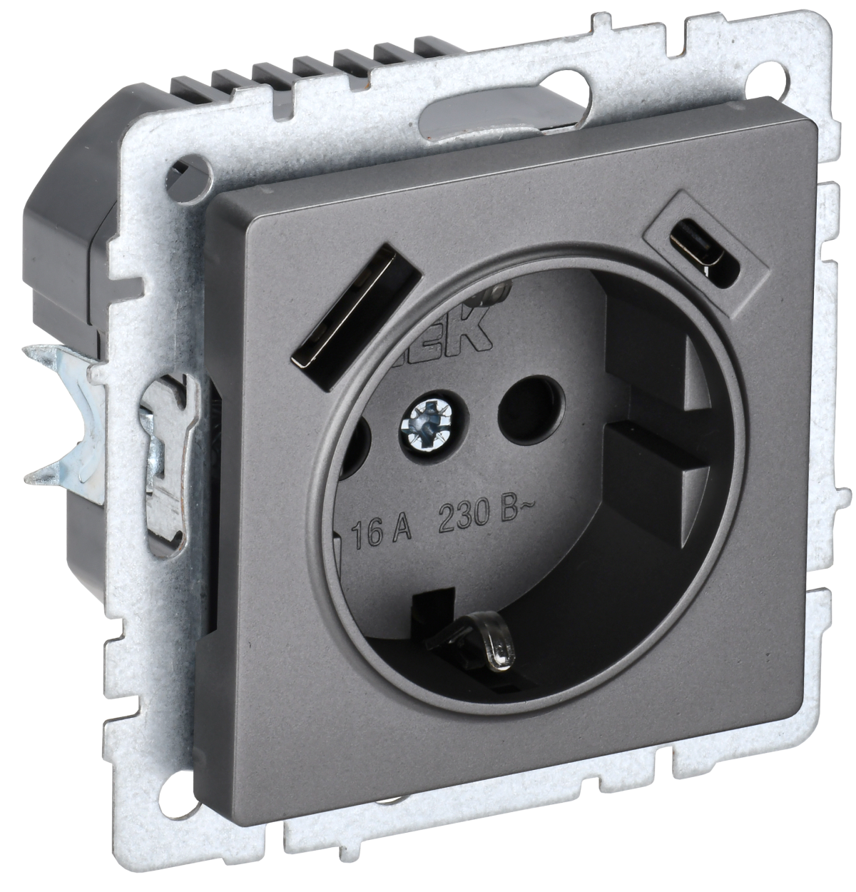 картинка BRITE Роз. с з/к/ш 16А с USB A+C 18Вт РЮш11-1-БрС сталь IEK магазин pro-decor.kz являющийся официальным дистрибьютором в Казахстане картинка BRITE Роз. с з/к/ш 16А с USB A+C 18Вт РЮш11-1-БрС сталь IEK от магазина pro-decor.kz