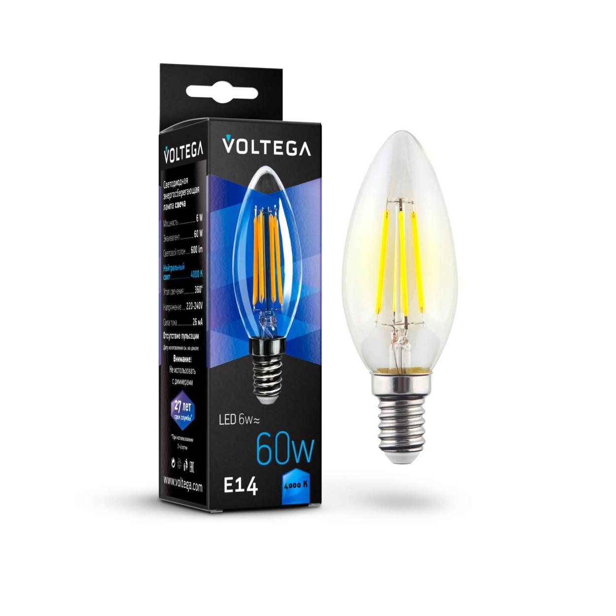 картинка Лампа светодиодная филаментная Voltega E14 6W 4000К прозрачная VG10-C1E14cold6W-F 7020 от магазина pro-decor.kz