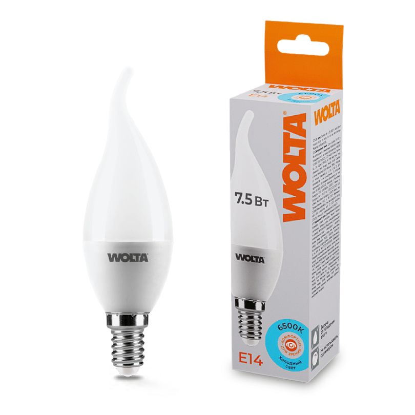 картинка Светодиодная лампа WOLTA 25WCD7.5E14   Свеча на ветру   CD37 7.5Вт 625лм 6500К Е14  1/50 от магазина pro-decor.kz