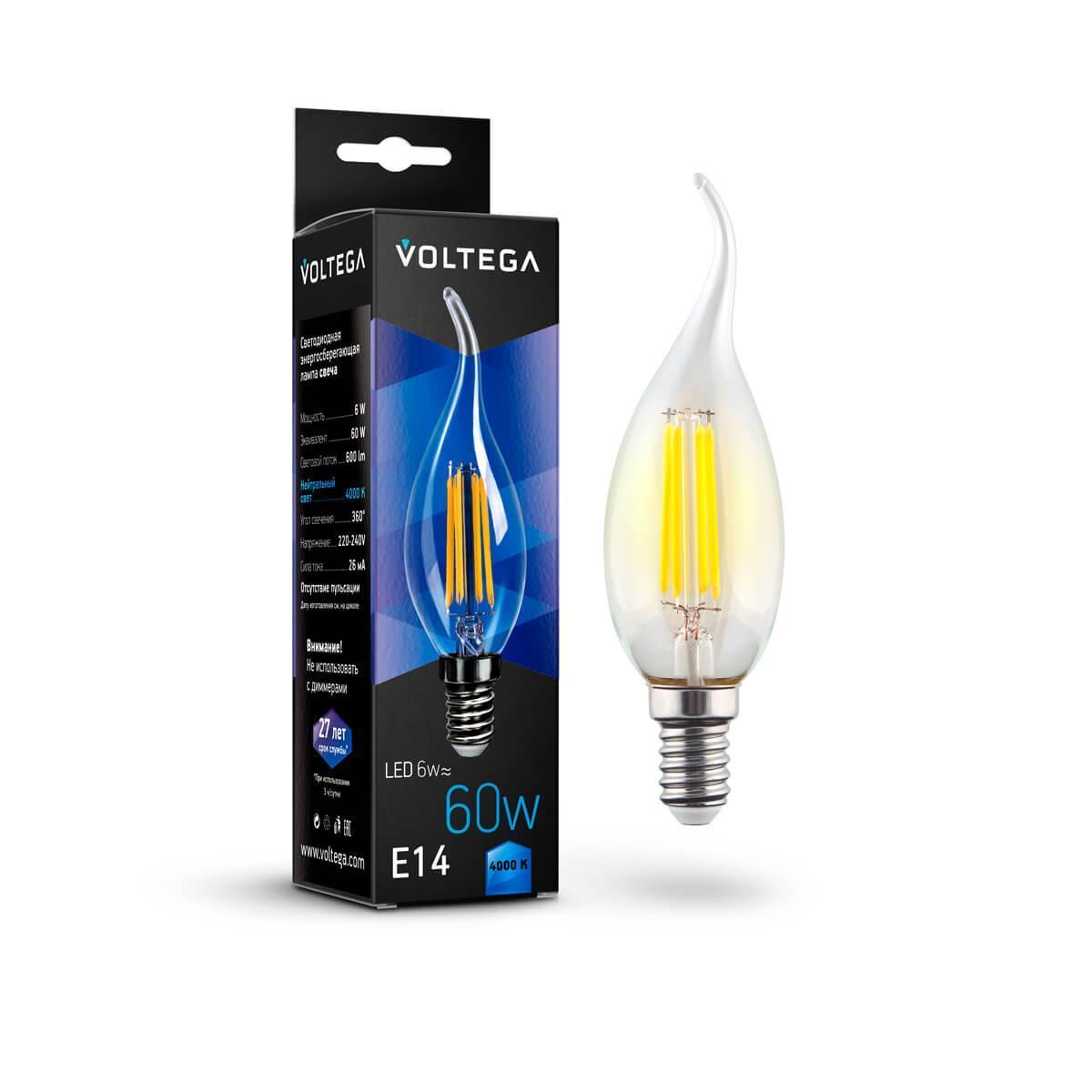 картинка Лампа светодиодная филаментная Voltega E14 6W 4000К прозрачная VG10-CW1E14cold6W-F 7018 от магазина pro-decor.kz