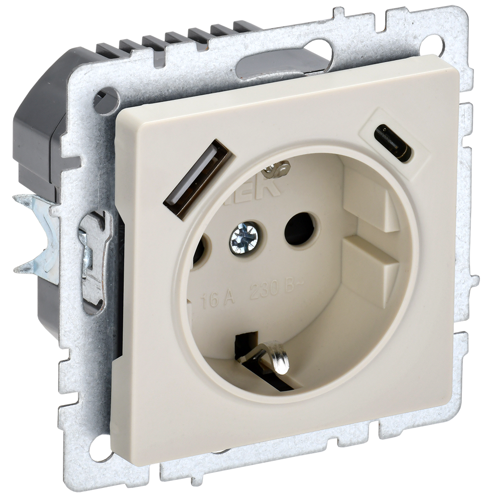картинка BRITE Роз. с з/к/ш 16А с USB A+C 18Вт РЮш11-1-БрКр беж. IEK от магазина pro-decor.kz