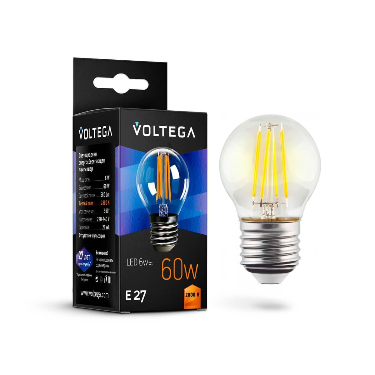 картинка Лампа светодиодная филаментная Voltega E27 6W 2800К прозрачная VG10-G1E27warm6W-F 7023 от магазина pro-decor.kz