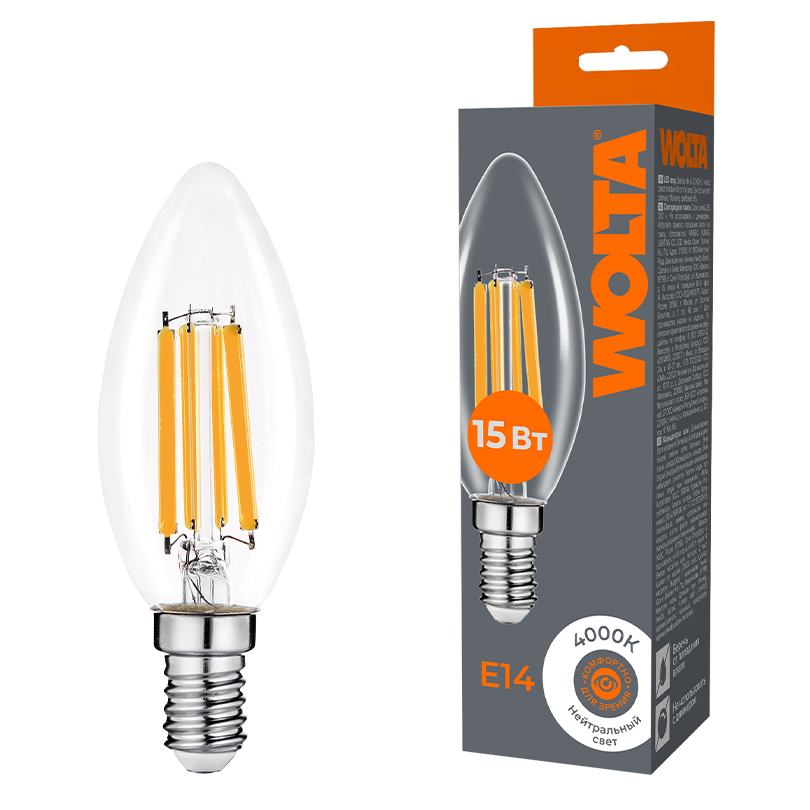 картинка Светодиодная лампа WOLTA FILAMENT WF-C35-15W4KE14 15Вт 4000K Е14 от магазина pro-decor.kz