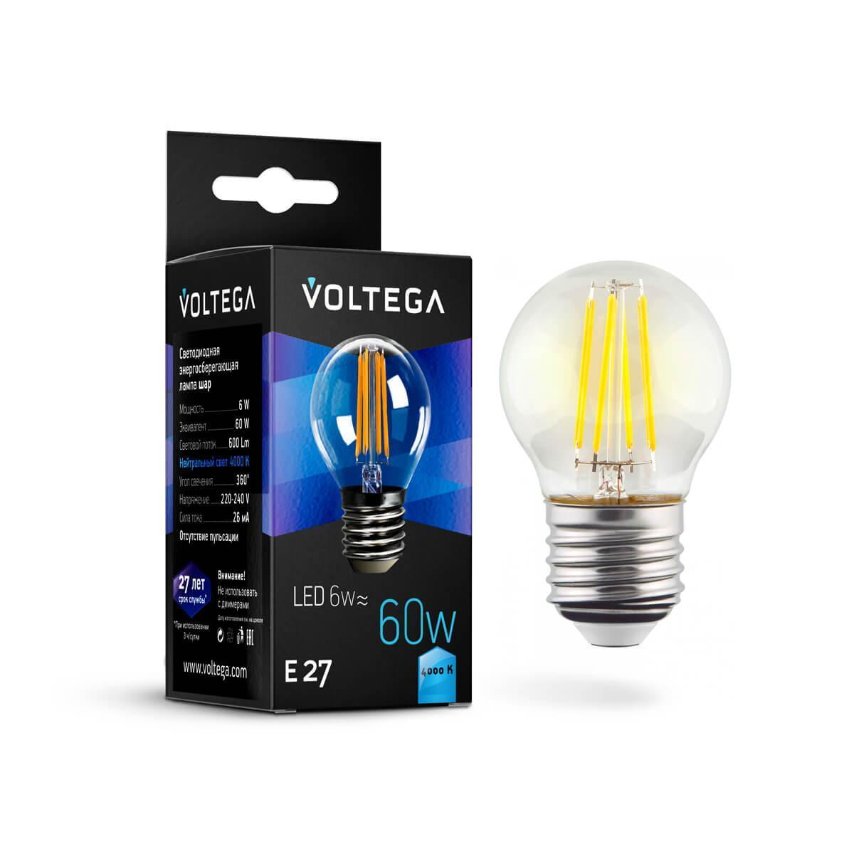 картинка Лампа светодиодная филаментная Voltega E27 6W 4000К прозрачная VG10-G1E27cold6W-F 7024 от магазина pro-decor.kz