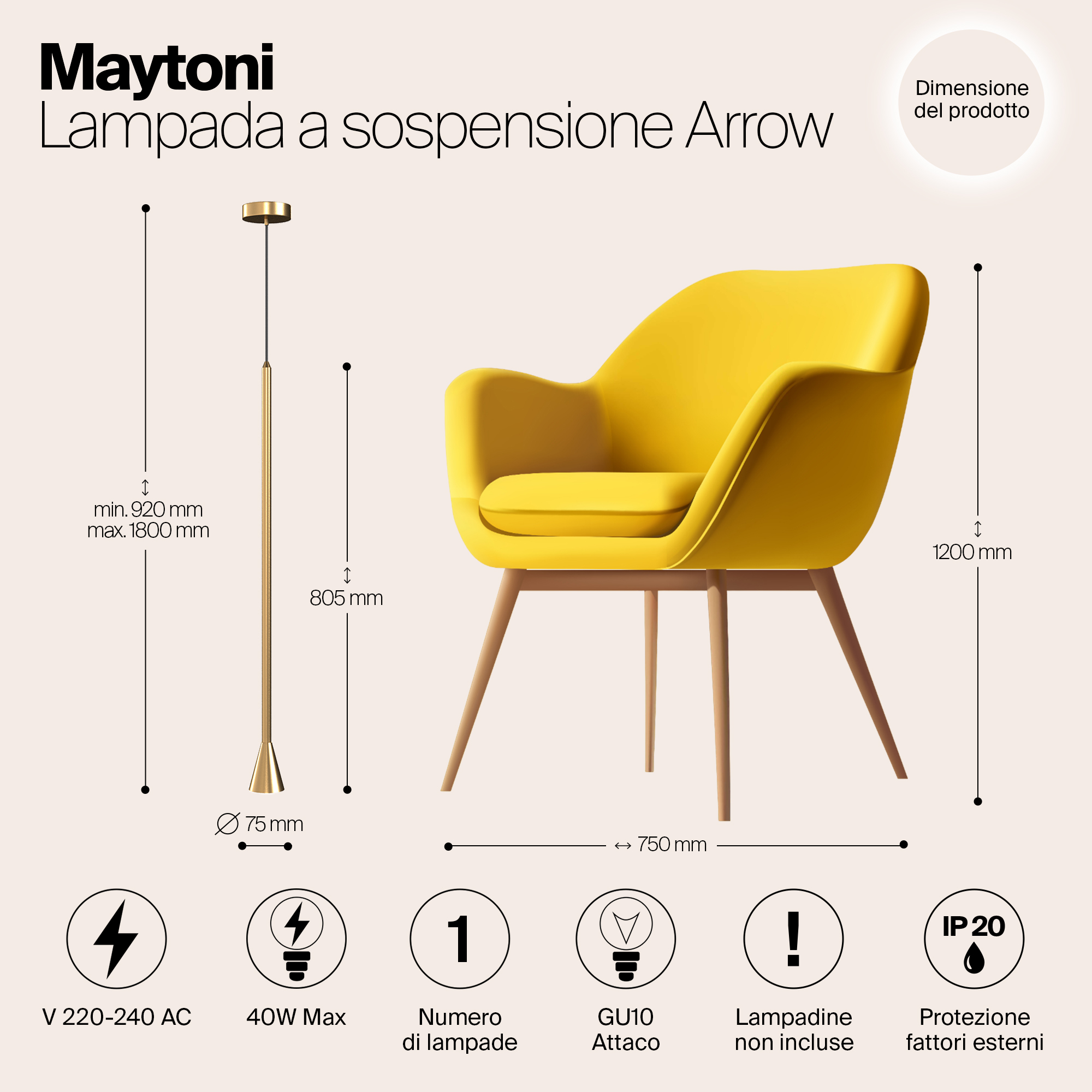 картинка Подвесной светильник Maytoni Arrow P064PL-01G от магазина pro-decor.kz