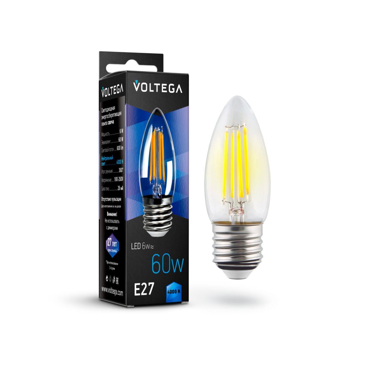 картинка Лампа светодиодная филаментная Voltega E27 6W 4000К прозрачная VG10-C1E27cold6W-F 7029 от магазина pro-decor.kz