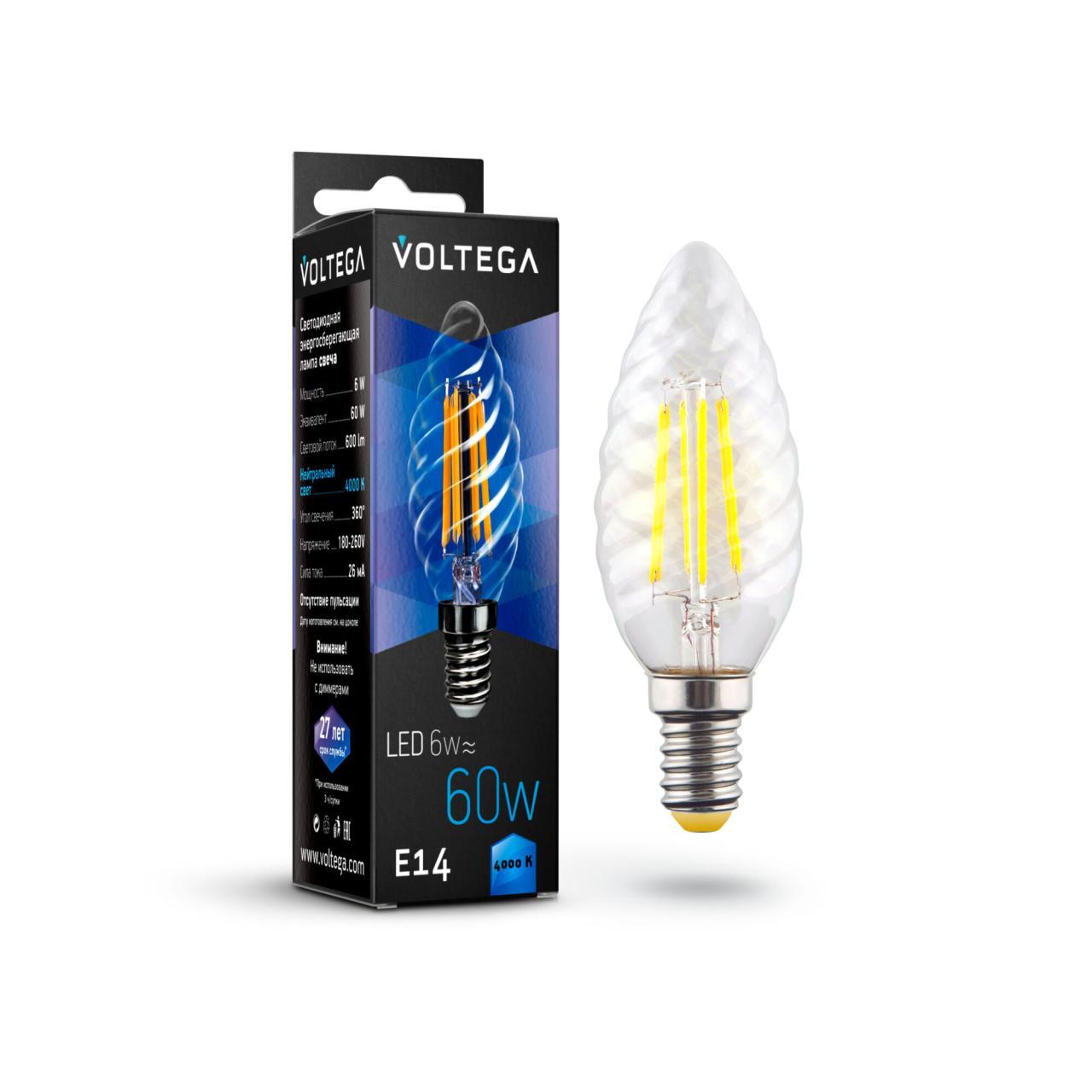 картинка Лампа светодиодная филаментная Voltega E14 6W 4000К прозрачная VG10-CC1E14cold6W-F 7028 от магазина pro-decor.kz