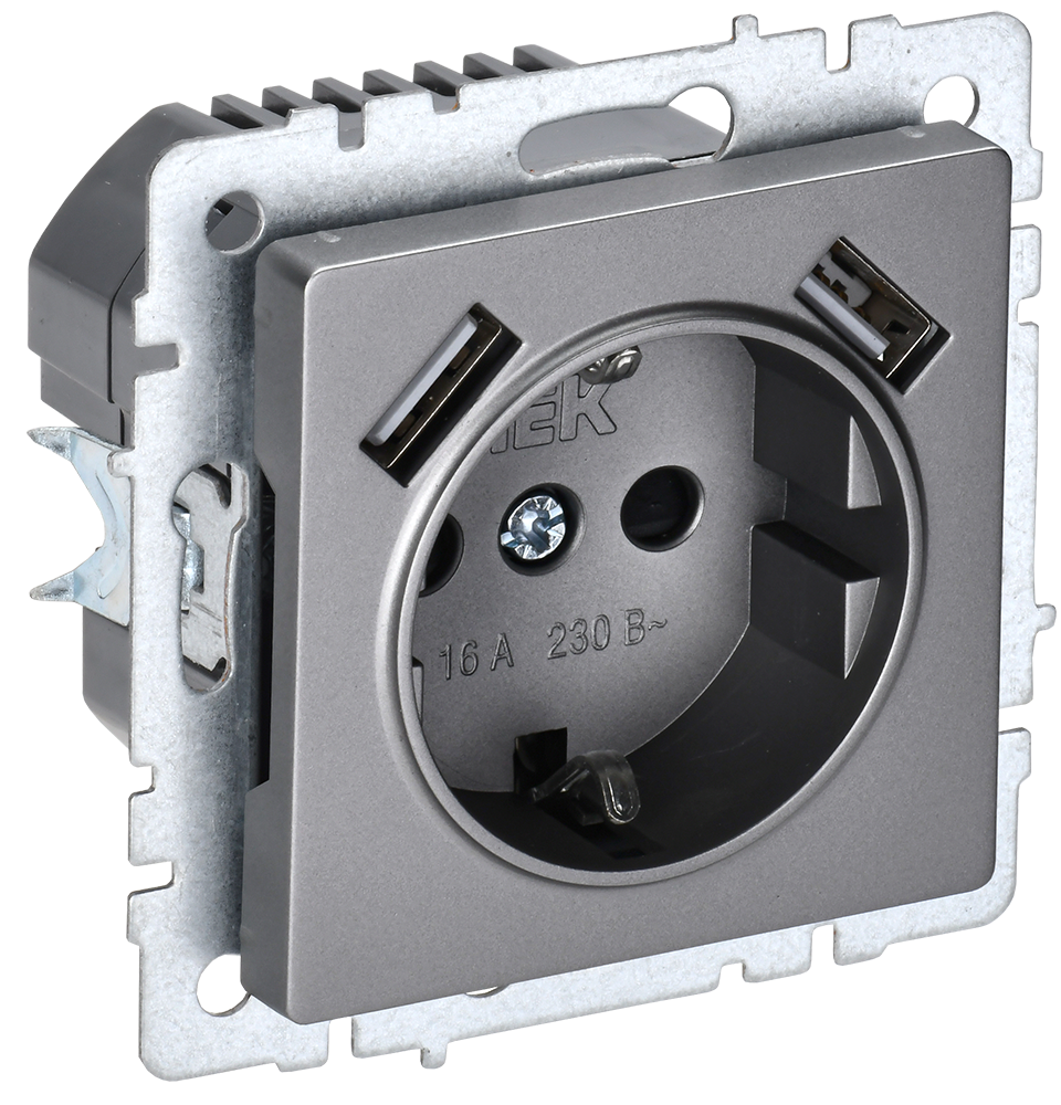 картинка BRITE Роз. с з/к/ш 16А с USB A+A 2,1А РЮш10-1-БрС сталь IEK от магазина pro-decor.kz