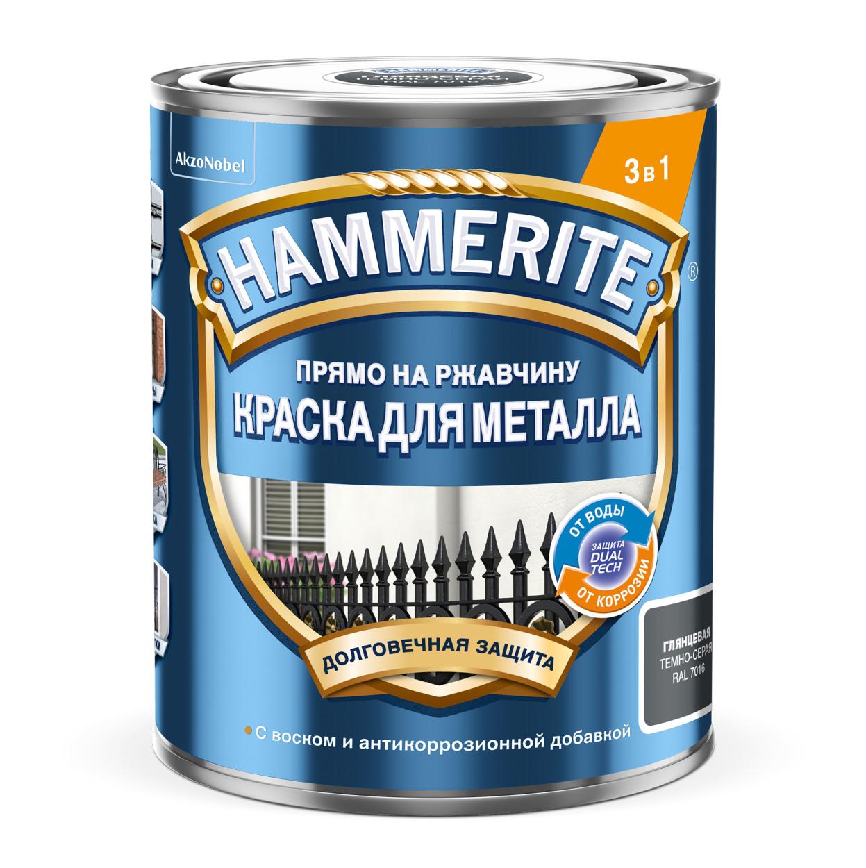 Краска Hammerite Гладкая RAL7016 Темно-серая 2л (новый)
