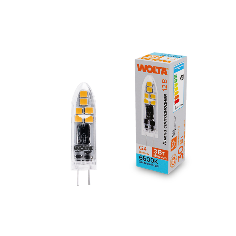 картинка "Светодиодная лампа  WOLTA WSTD-JC-12V3W6KG4-P (пластик) ""Капсульная"" JC 3Вт 240лм 6500K G4 1/10/100/1000" от магазина pro-decor.kz